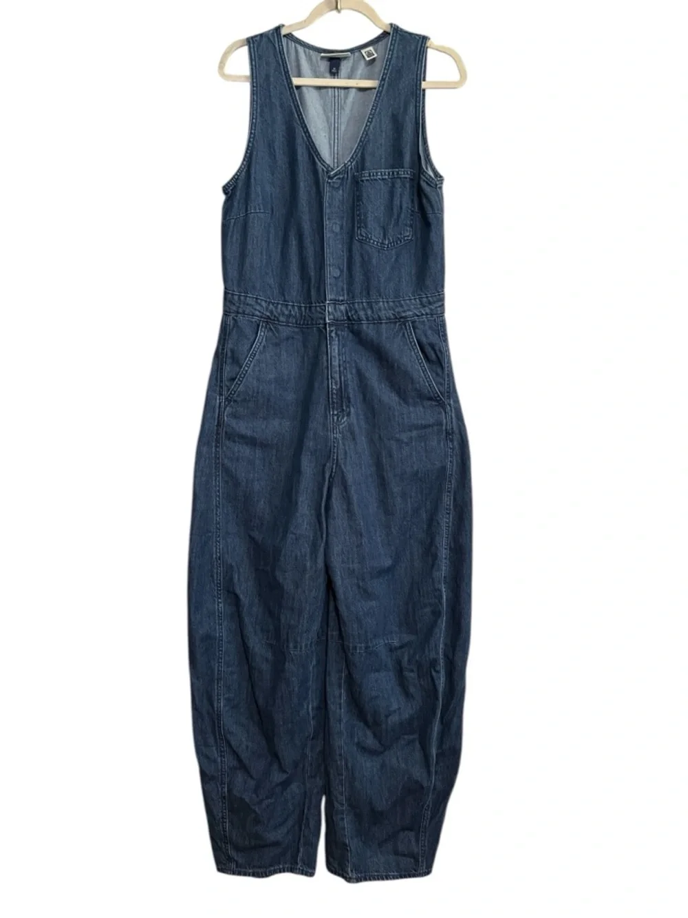 Curved Leg Denim Jumpsuit - Medium Wash 10 - Picture 2 of 11